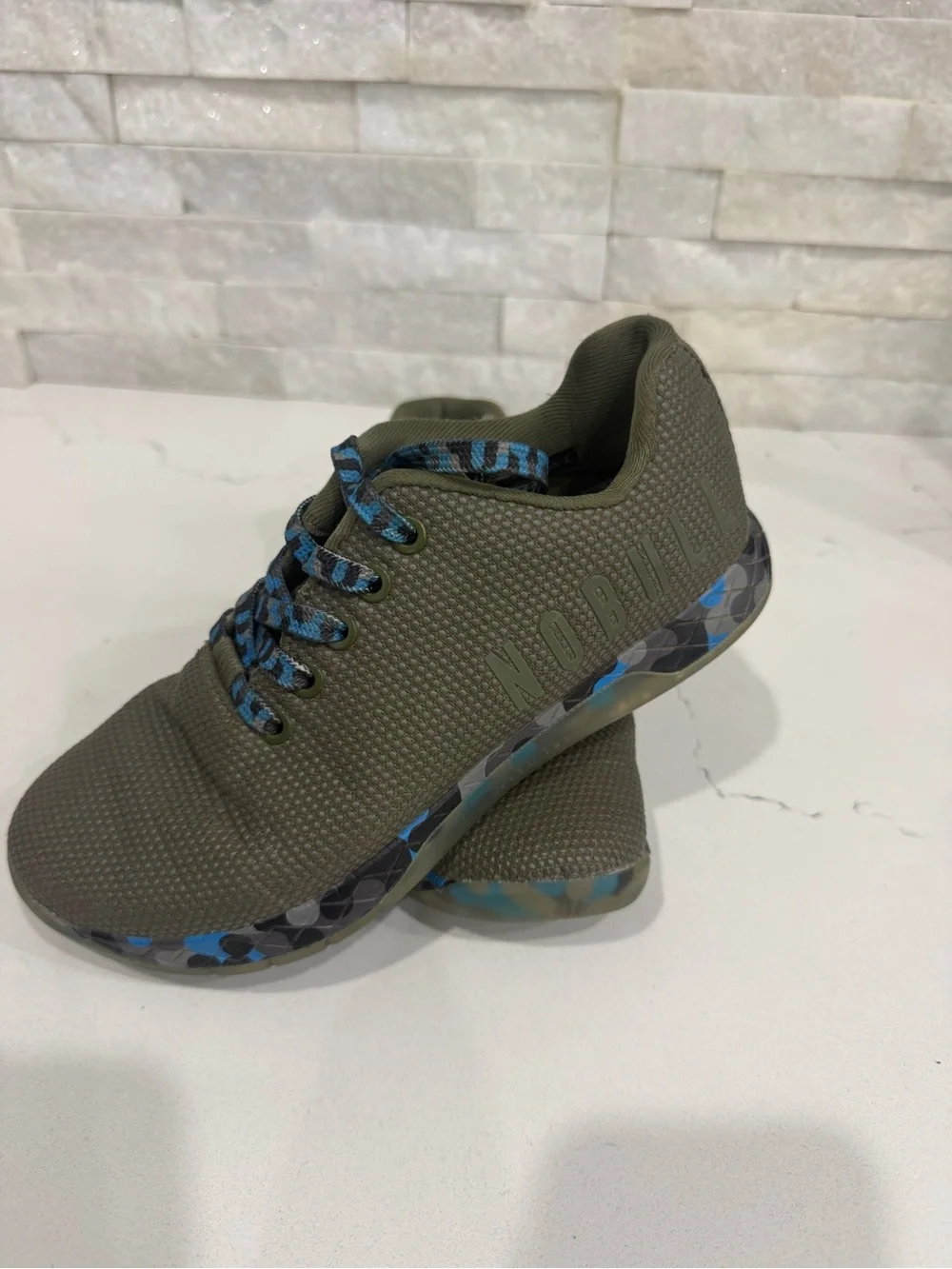 NOBULL Women’s Olive Green Trainers with Blue Camo Accents